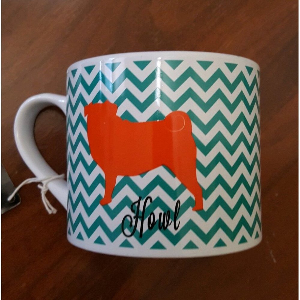 20 oz Howl Dog Lover Mug Teal Chevron Orange Dog Ceramic Rescue BLUE HARBOR